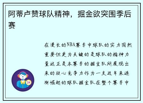 阿蒂卢赞球队精神，掘金欲突围季后赛
